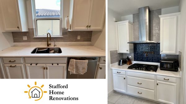 We recently installed this backsplash. We love the contrast of the blue and grey tile! We used gold tile edging to match the gold fixtures.