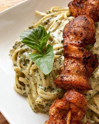 G's favorite... Pesto with a chicken anticuchero skewer