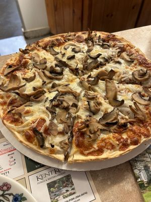 Mushrooms, onions, and pepperoni pizza