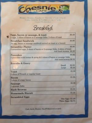 Breakfast menu