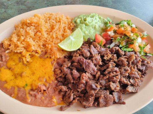 Carne Asada Plate $13.75, includes choice of corn tortillas (x3) or flour (1 large).