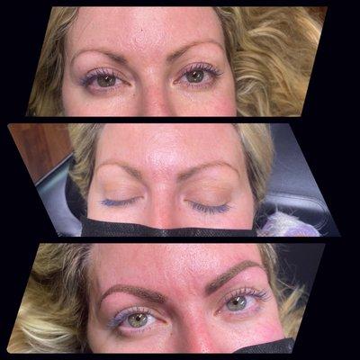 1st photo is her natural brow, 2nd is after 6 weeks healed, 3rd photo is her touch up with a diffferent needle for more color retention