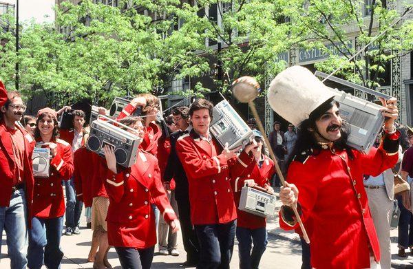 Boom Box Parade, Leon Varjian on far right.  This parade ended at Library Mall.  Photo by Tom Brody.