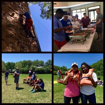 Senior Picnic. Left: Rock climbing and laying in the sun Right: lunch in the dining hall and putting on life vests to canoe