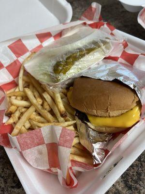 Cheeseburger + fries (smash burger and potato wedges also is so good!)