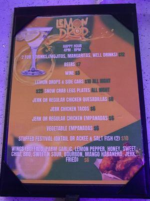 The menu for Lemon Drop Thursdays