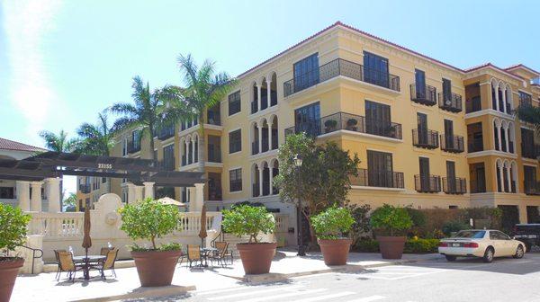 Some residences overlook the pool area