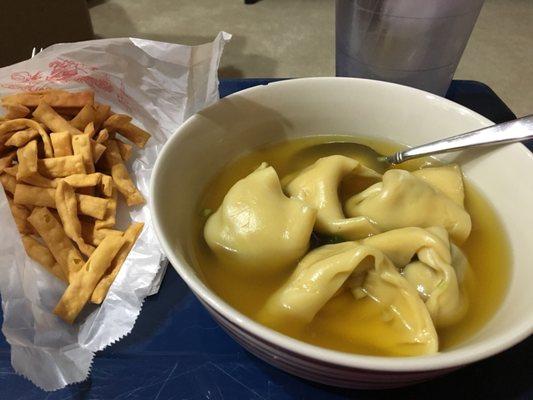 Wonton soup and crispy noodles