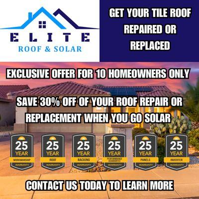 Save 30% off of your tile roofing services when you go solar!