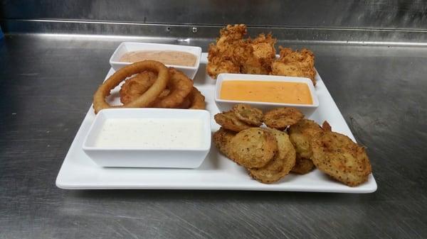 Zombo Combo; Hand Battered Chicken Tenders, Onion Rings, and Hand Battered Fried Green Tomatos.