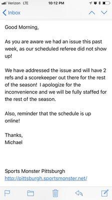 This is an email I got after a no call no show. Refs still didn't show after this email was sent for an additional 3 consecutive weeks