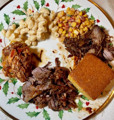 Two meat combo, plus Turkey chili and corn bread