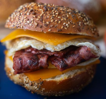 Turkey bacon , egg and cheese on a Everything Bagel!!