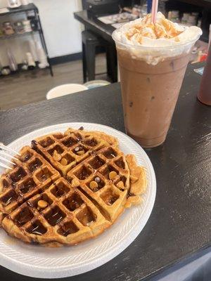 Protein waffle and iced protein coffee