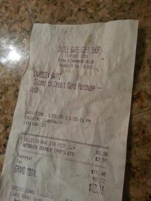 Castle gate Gift shop receipt