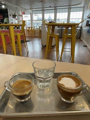 The "one & one": espresso, soda water to cleanse, and cortado (mine made with almond milk)