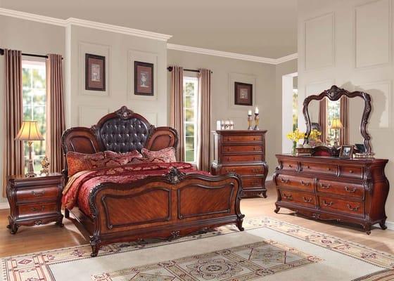 Brown Finish Bedroom set with a leather padded headboard available at Comfy Furniture with Finance