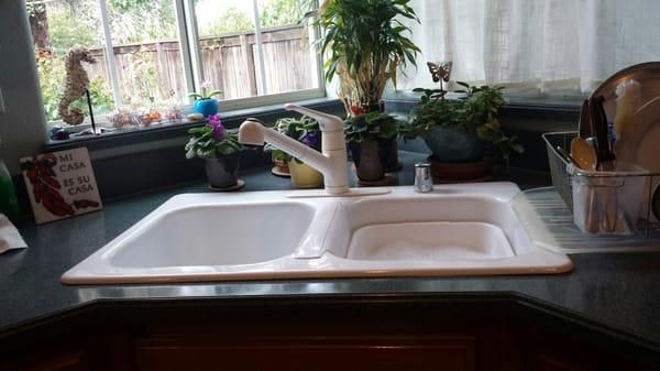 BEFORE ...small two-bowl white steel sink with goofy "air gap" thing to the right of the white faucet.