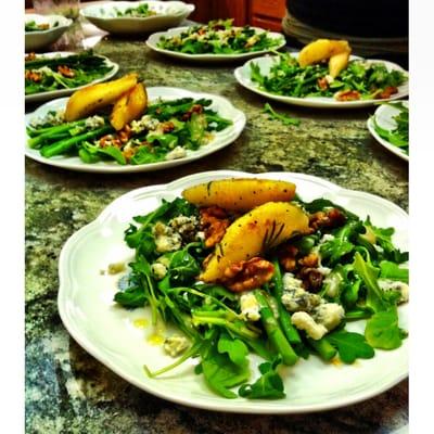 Rosemary sautéed pear, Gorgonzola, candied walnut salad.