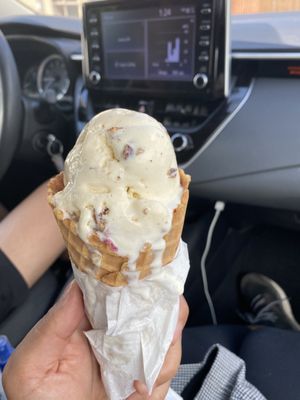 Butter pecan and Blackberry cheesecake in a waffle cone - both delicious!! It melted in the hot sun