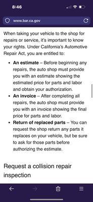 A caption from the Bureau of Automotive Repair about proper procedure.