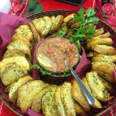 Bruschetta with Roasted Garlic & Asiago Crostini.