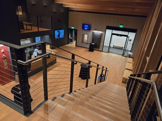 From the upper level to the entry hall, including the bar and ticket window.