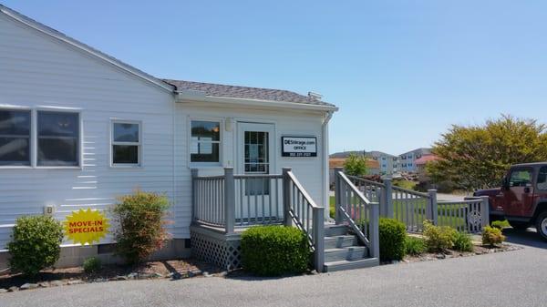 Under new management! New office sign for DEStorage.com. Previously Rehoboth U-Store.