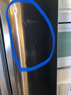 This is a fridge that was damaged by the movers ramming a couch hitting the fridge multiple times. They don't take any claims seriously.