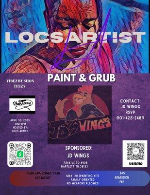 Hosting a Paint and Grub! RSVP limited seats available! Call to reserve and make payments to reserve.