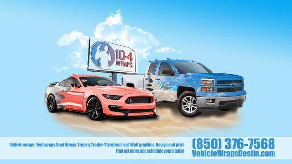 vehicle wraps, color change, commercial graphics, racing stripes, signs, printing and more at 10-4 Wraps