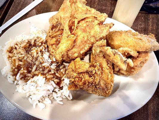 Rice and gravy and fried chicken