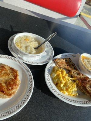 Chicken breast, cheese grits, raisin toast, cheese eggs