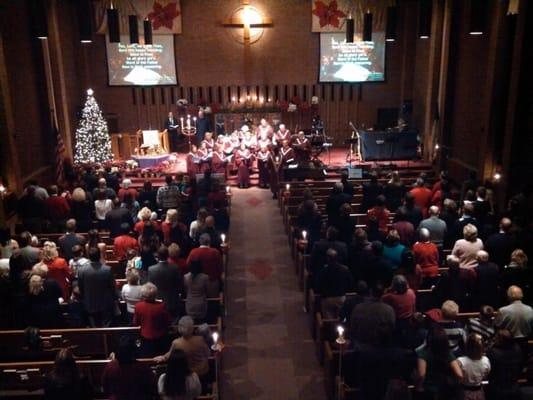 This is what Lebanon Church looked like at Christmas time.  It's a very pretty sanctuary, and on Sunday nights, the band ROCKS!