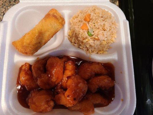 Lunch Special: Sesame Shrimp, egg roll, and fried rice