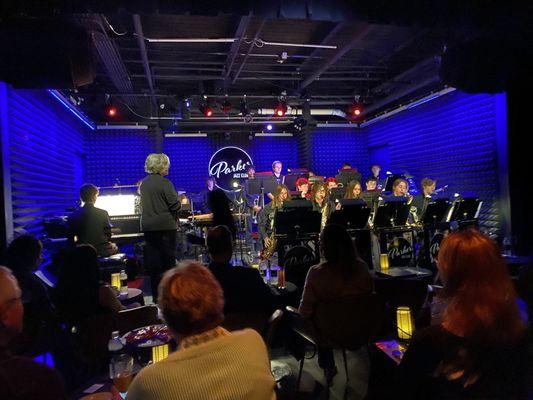 The stage with a high school jazz band.