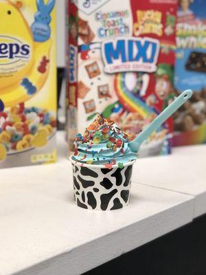 Cereal Ice Cream Swirl Cup with Blue Moon, Fruity Pebbles, Strawberry Drizzle, and Sprinkles