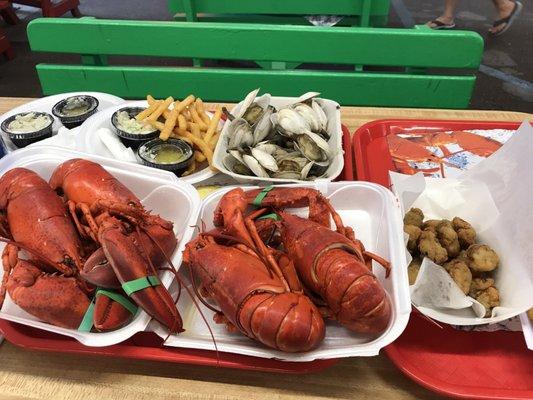 Twin lobsters, steamed clams, fried oysters  All came with fries and coke slaw