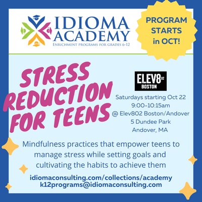 In-person workshop for Stress Reducation for Teens!  4 weekly sessions starting October 22.