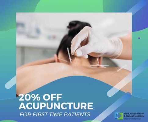 20% off on your first treatment of Acupunture!  Free consultation for first time patients will be added. Available now until 9/30/20