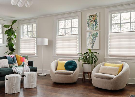 Hunter Douglas Vignette Modern Roman shades with full folds and Top-Down / Bottom-Up operation make a room light and bright.