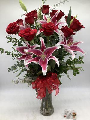 Dozen long stem red roses with stargazer lilies