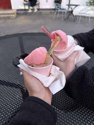 Strawberry sorbet with chocolate (left) and strawberry sorbet with lemon ginger sorbet (right)