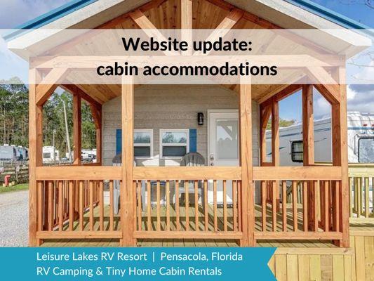 New tiny home cabin with a lake view at Leisure Lakes RV Resort - the Wild Goose Cabin, a 1 bedroom with loft, full kitchen, bath, and porch