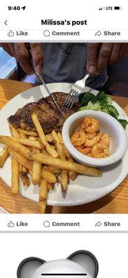 6 ounce steak, fries, and shrimp