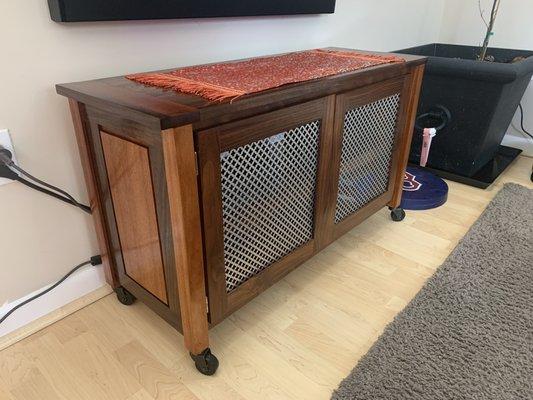 Mahogany and walnut stereo stand.