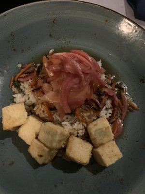 Fusion bowl with rice and fried Tofu.