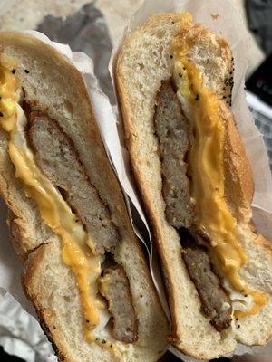 Sausage, egg and cheese on a Roll