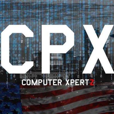 Computer Xpertz logo w/ downtown Little Rock , showered with binary code and proudly sporting The United States flag.