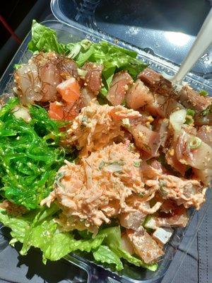 Hamachi and Mix Plate poke. Salad.  Crab salad Ocean salad